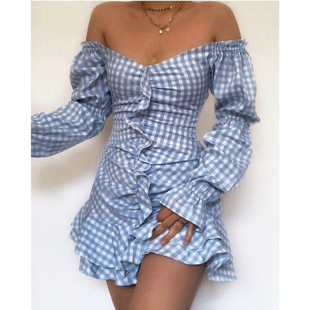 Seven Wonders Blue Gingham Ruched Long Sleeve Dress Size US 12